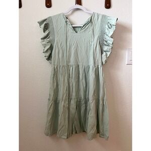 English Factory Mini Dress Small Round Neck Ruffled Sleeve Tiered Babydoll Green